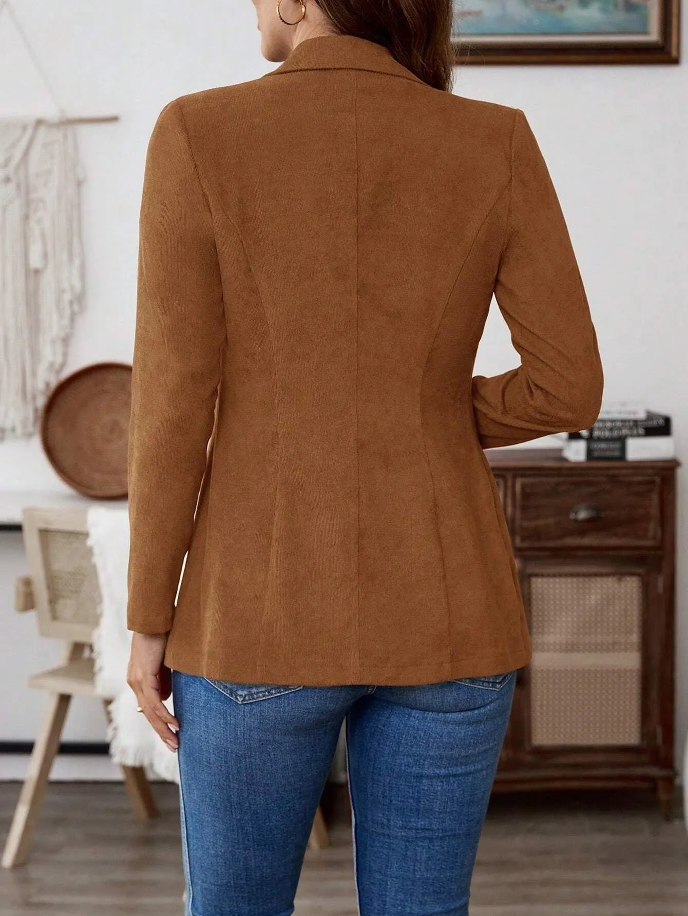 Brown single-breasted lapel leisure suit coat with long sleeves