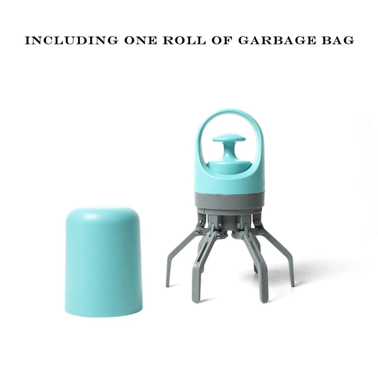 Blue plastic pet pooper scooper with claw mechanism and built-in garbage bag dispenser for outdoor waste collection