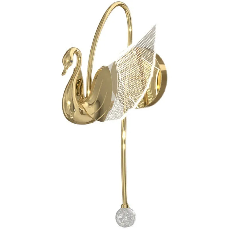 Gold swan-shaped wall lamp with acrylic shade and iron construction for bedroom lighting