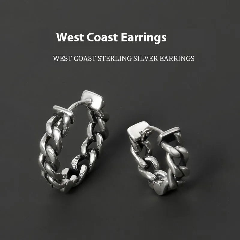 West Coast men's geometric copper hip hop earrings in silver, showing 10mm and 14mm sizes.
