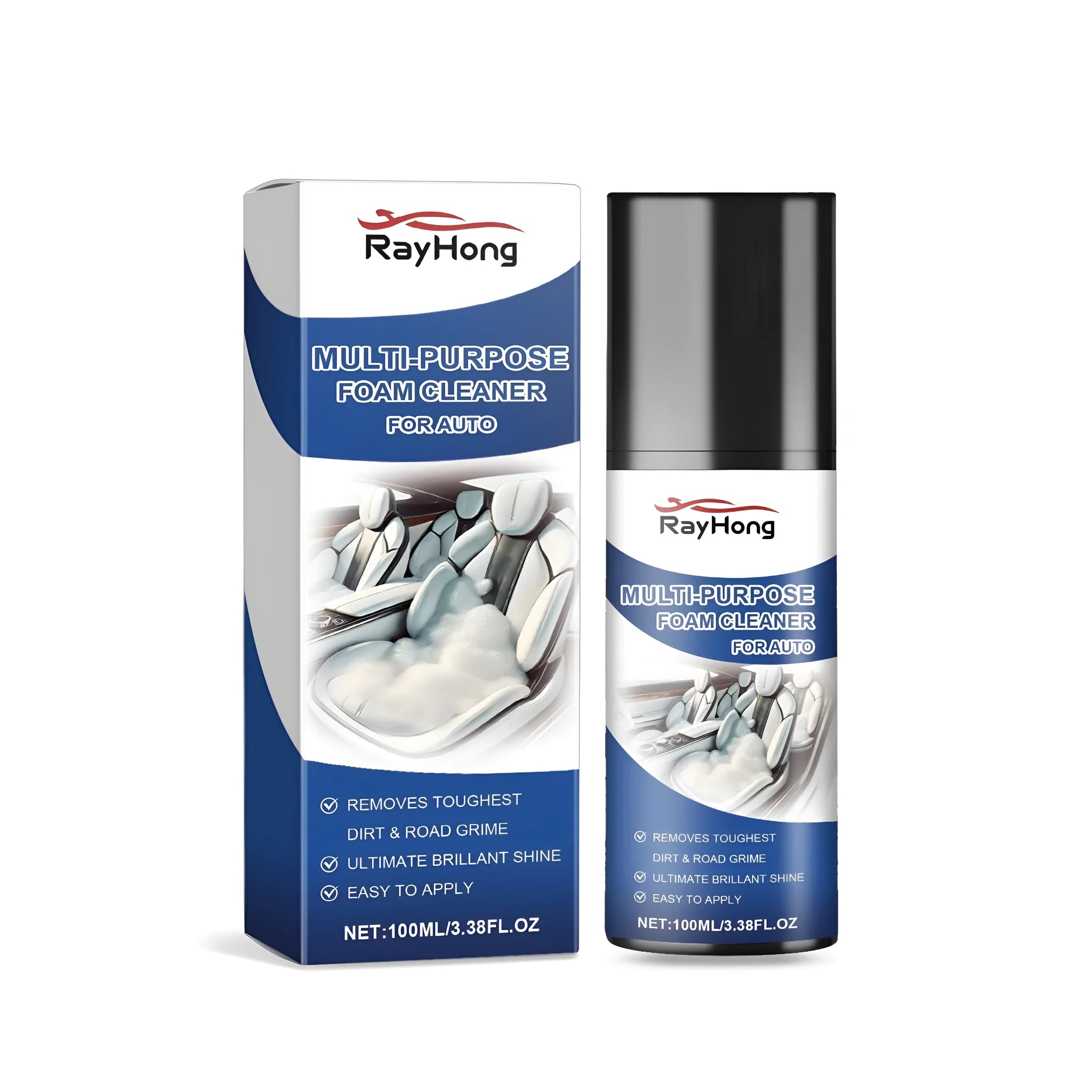 Multi-purpose foam cleaner for auto, 100ml bottle with active cleaning agents, compact size 4.2x4.2x15.1 cm