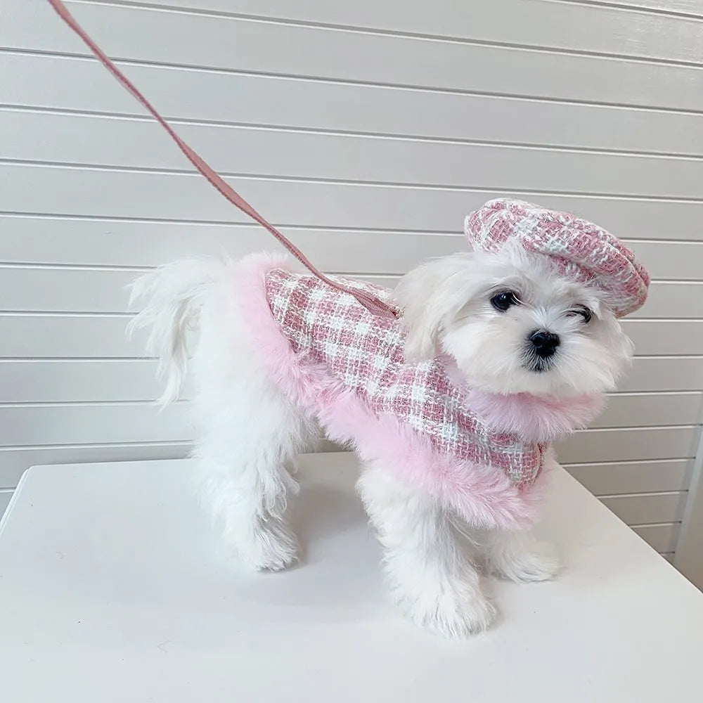 Pink polyester cat costume with beret and cape, adjustable with drawstring, available in XS S M L XL sizes