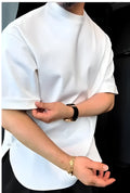 Men's white buttoned round hem T-shirt with four-button detail on lower edge