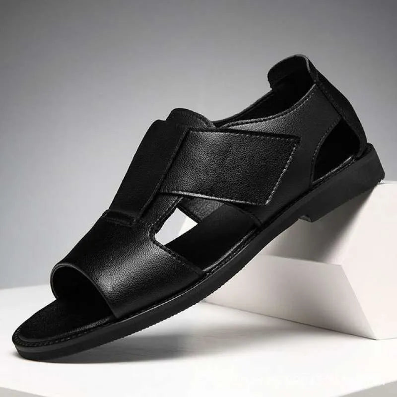 Men's black and brown leather Roman sandals with open-toe design and rubber soles