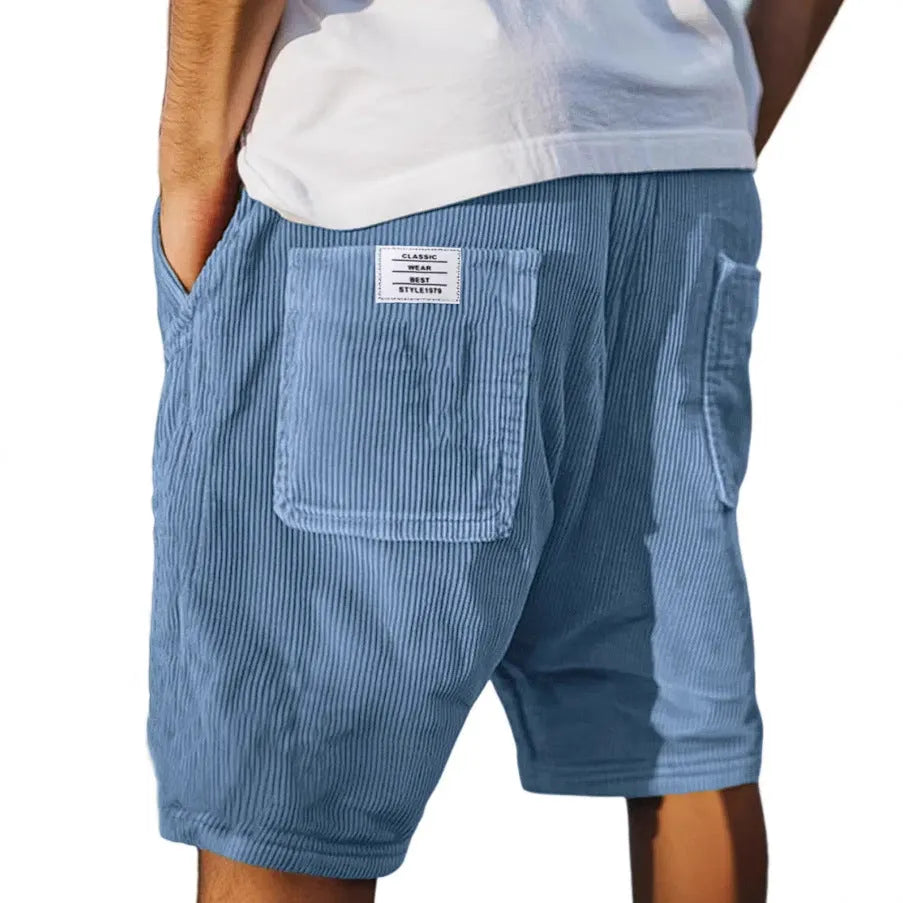 Men's gray corduroy shorts with multiple pockets and embroidery detail on straight-leg summer design