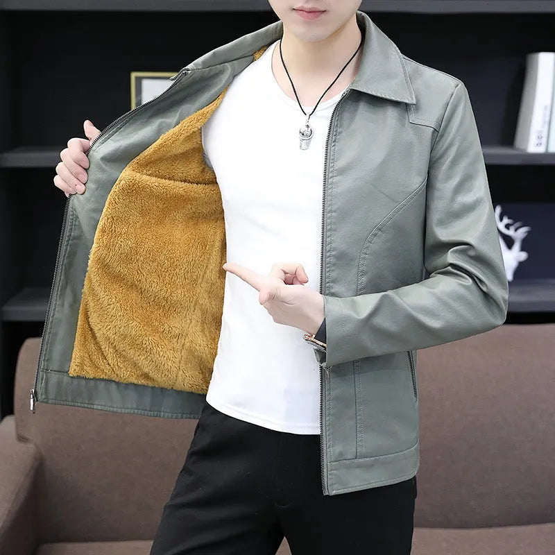 Men's loose fit PU leather cardigan jacket in black with zipper front and patch pocket