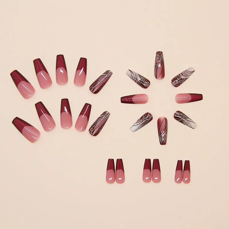 Pack of removable fake nail stickers with a French line design, showing 24 pieces and a tube of glue.