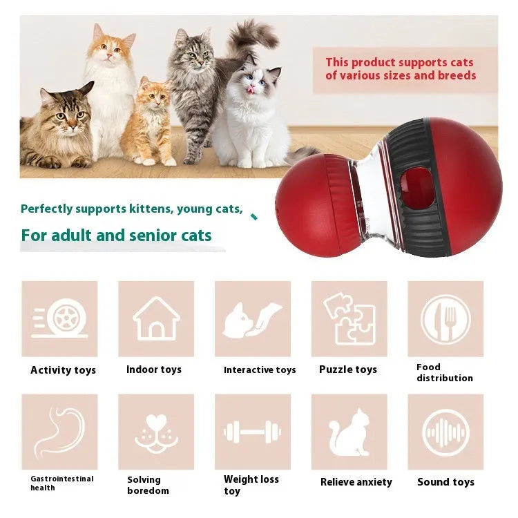 Rotating plastic cat toy with food dropping ball and sound features in super ball colour scheme