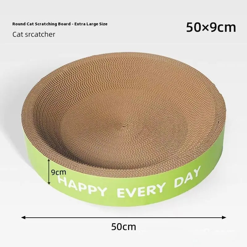 Green round cat nest with integrated scratching surface, shown in 50cm and 55cm size options.