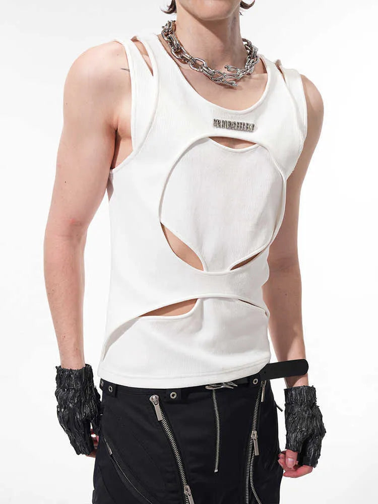Men's loose black and white hollow knit sleeveless summer vest on a hanger.