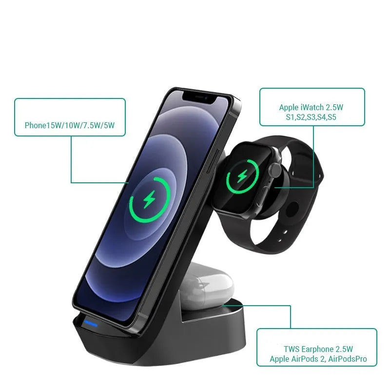 Black grey foldable 3-in-1 wireless charging stand with phone upright