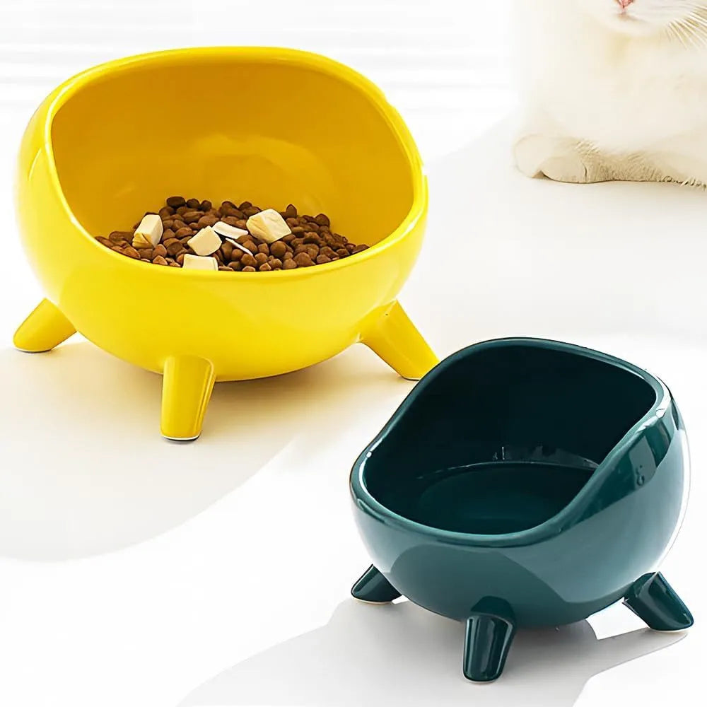 Green ceramic pet bowl with four legs and wide-mouth design for cats and small dogs
