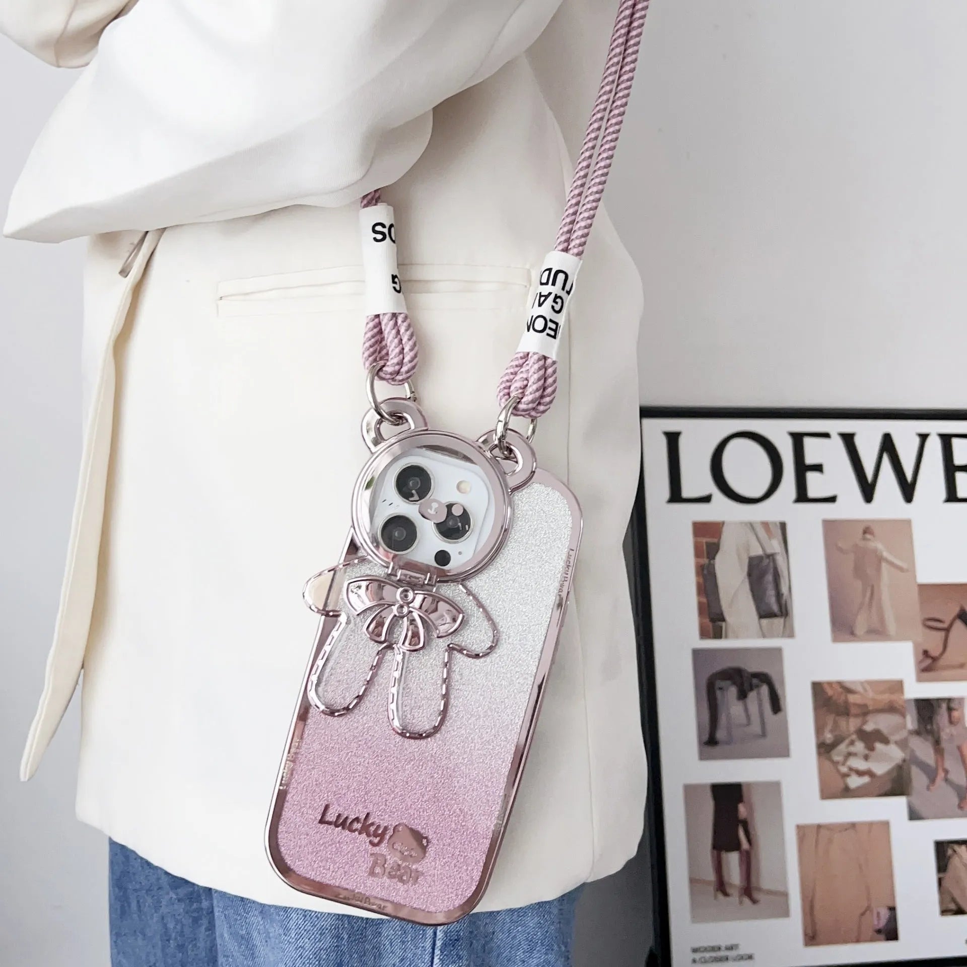 Electroplating glitter TPU phone case with Lucky Bear bracket for iPhone series