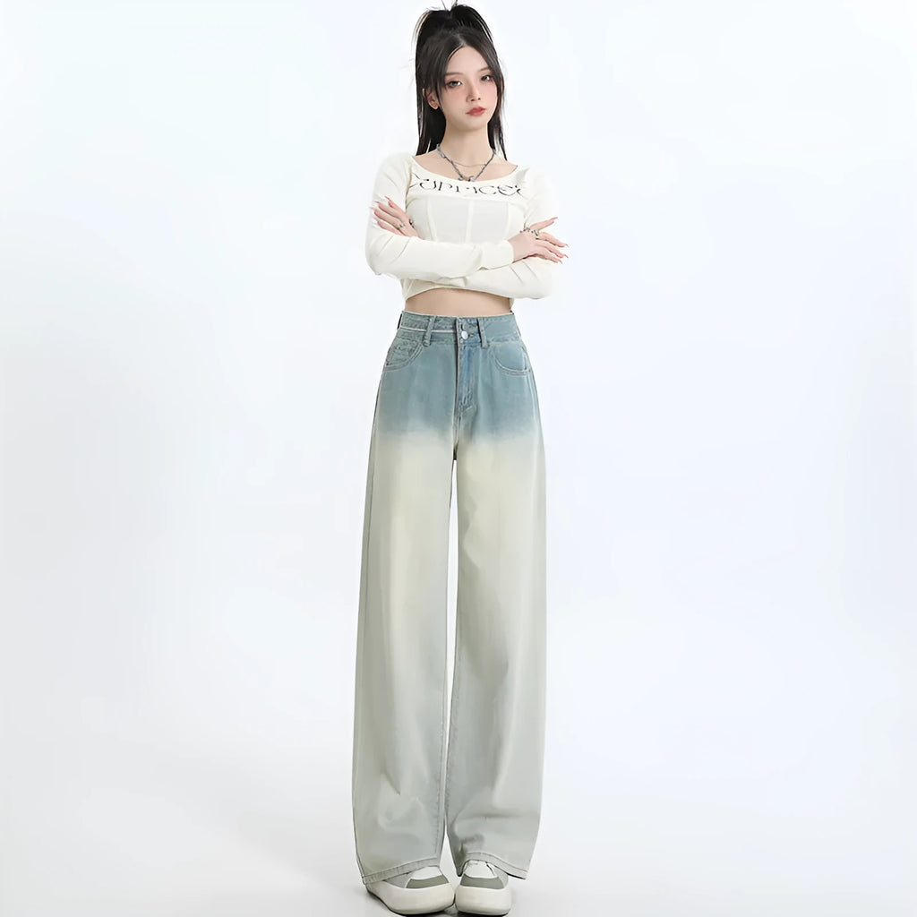 Gradient blue straight-leg denim trousers for women with wide leg design