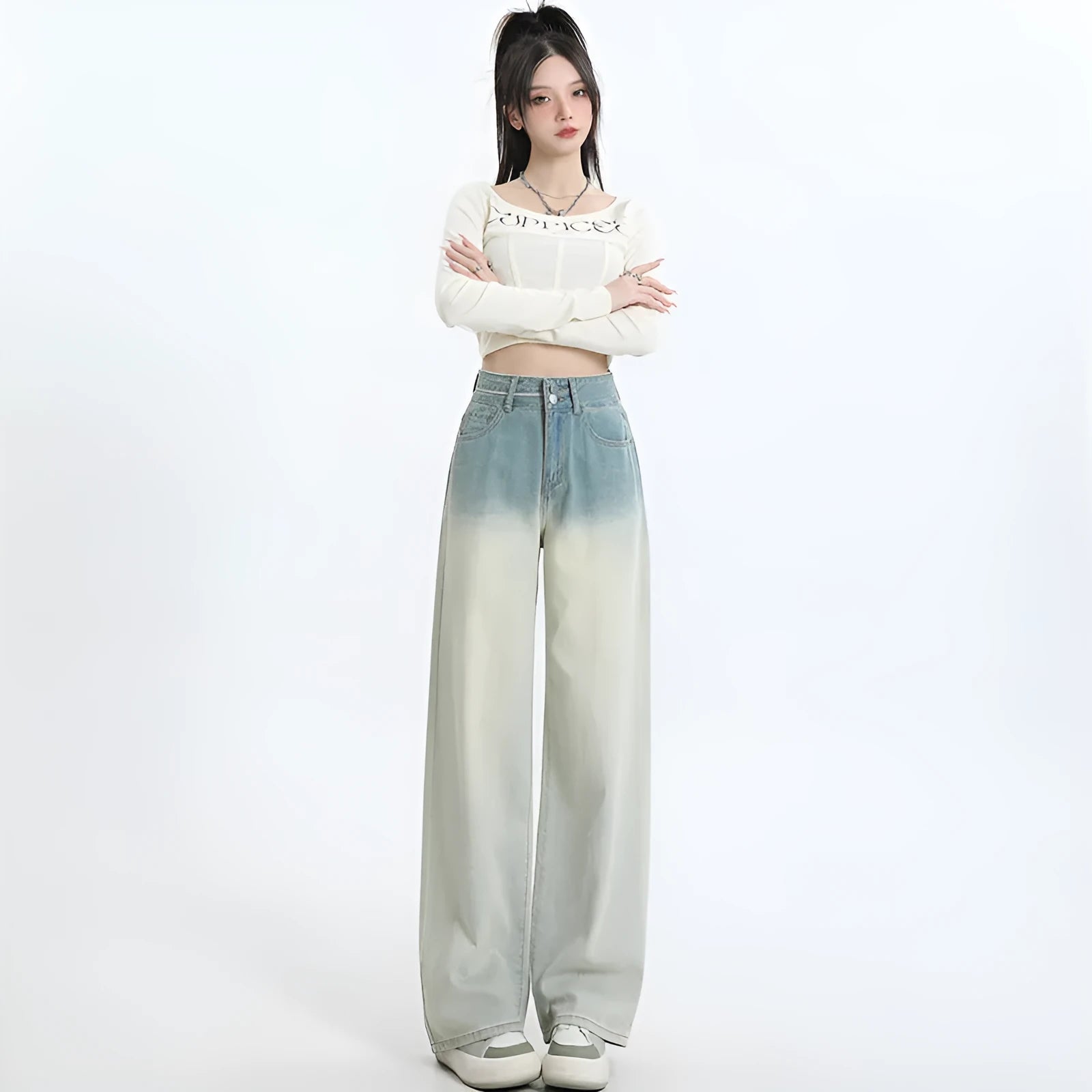 Gradient blue straight-leg denim trousers for women with wide leg design