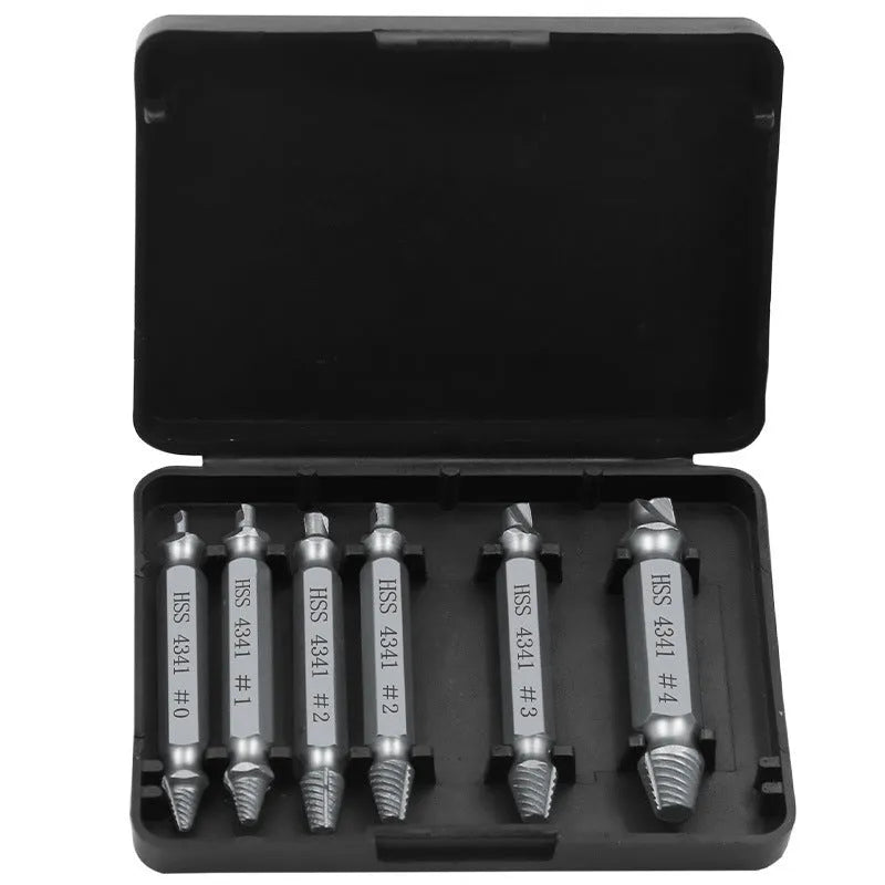 6-piece slip-tooth head screw remover set made from high speed steel 4341 on a workbench