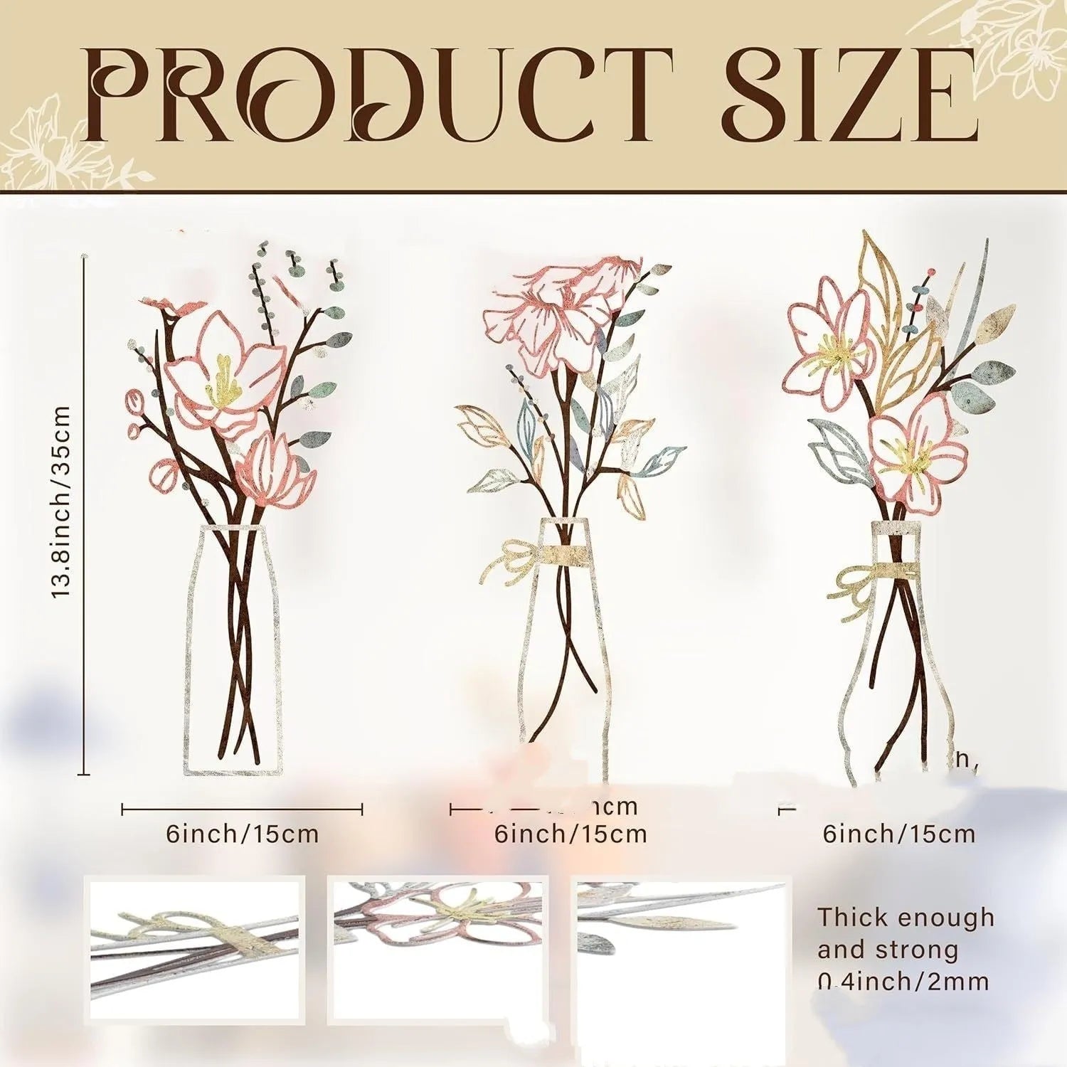 Set of three modern metal flower and vase wall art decorations in a choice of four colours.