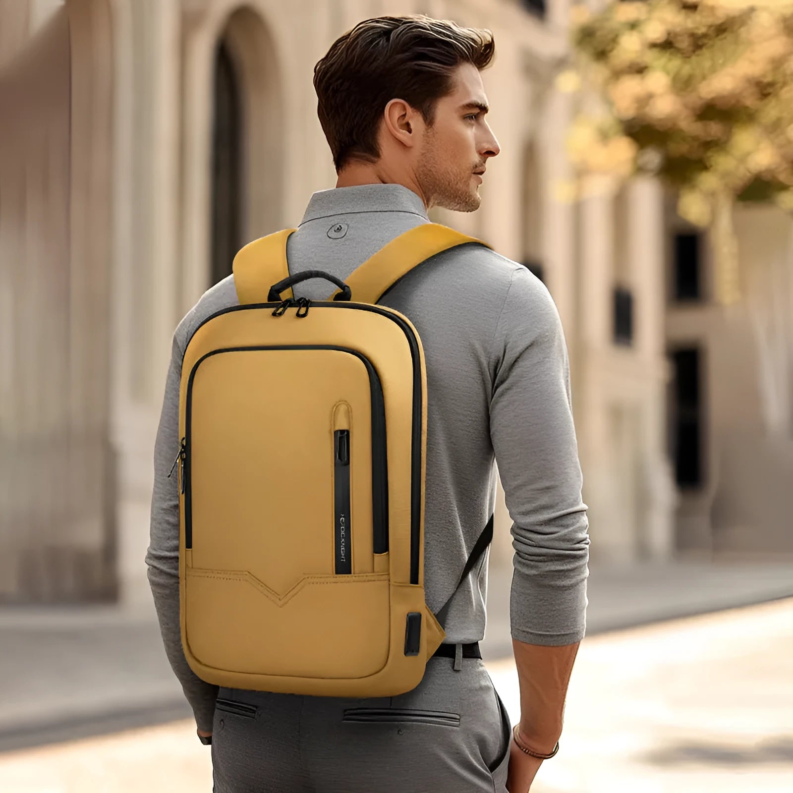 Small lightweight polyester commuter backpack with USB charging port in various colours