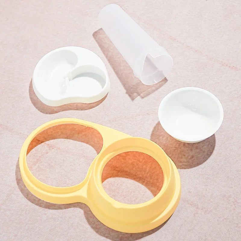 Grey and yellow pet dual feeding bowl with neck protection and non-slip base