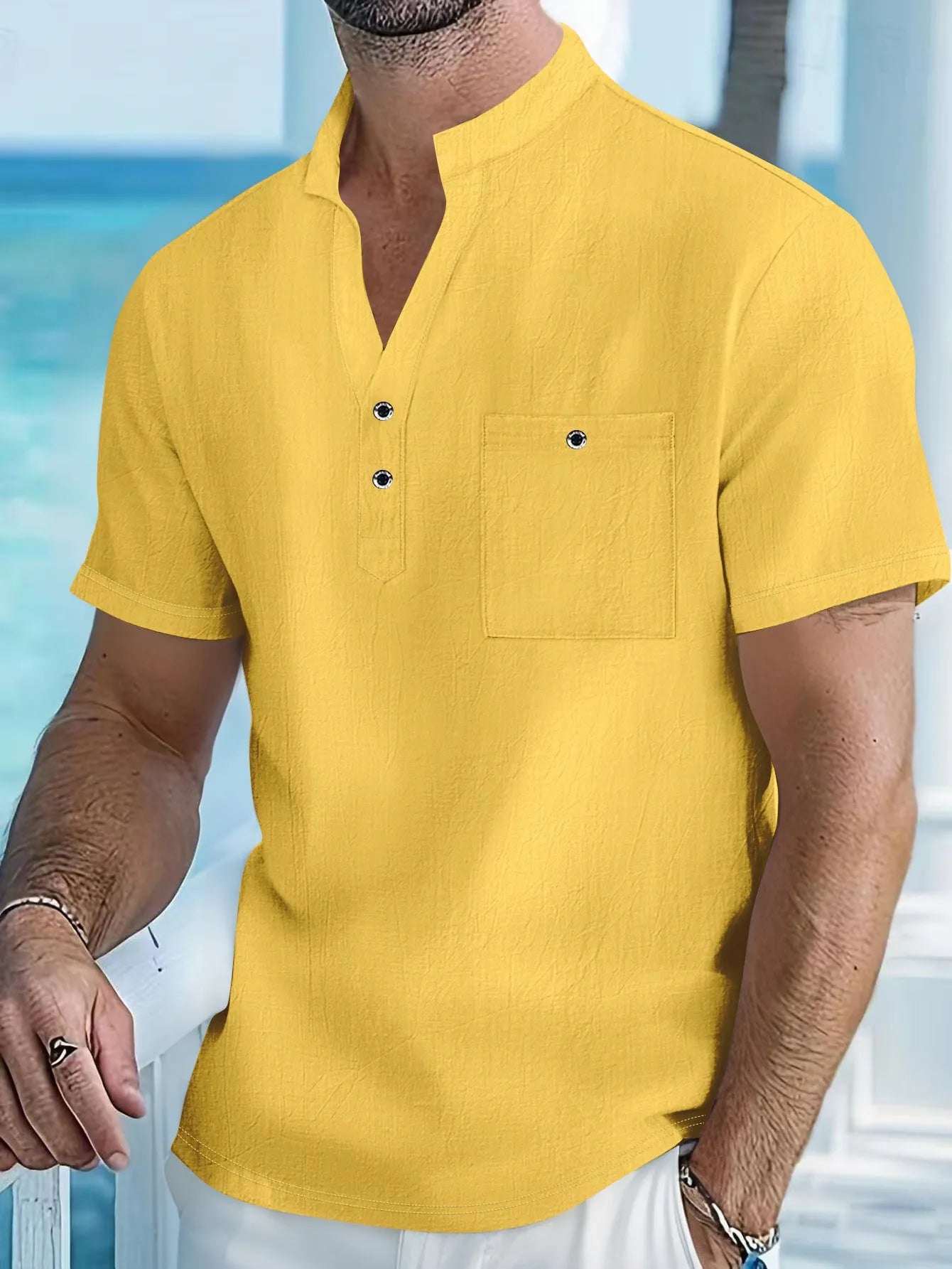 Men's linen stand collar t-shirt in loose fit with short sleeves