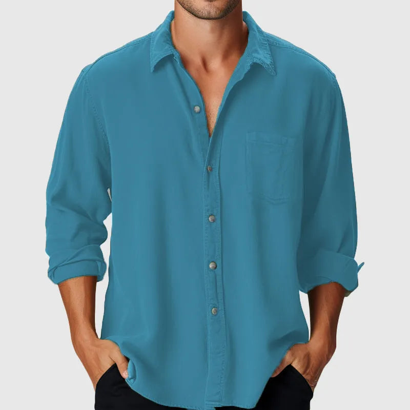 Men's loose fit polyester shirt with stand collar and long sleeves in multiple colours
