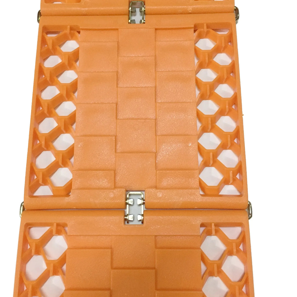 Folding anti slip mud snow rescue boards for automobiles in orange and red colours showing folded and unfolded positions