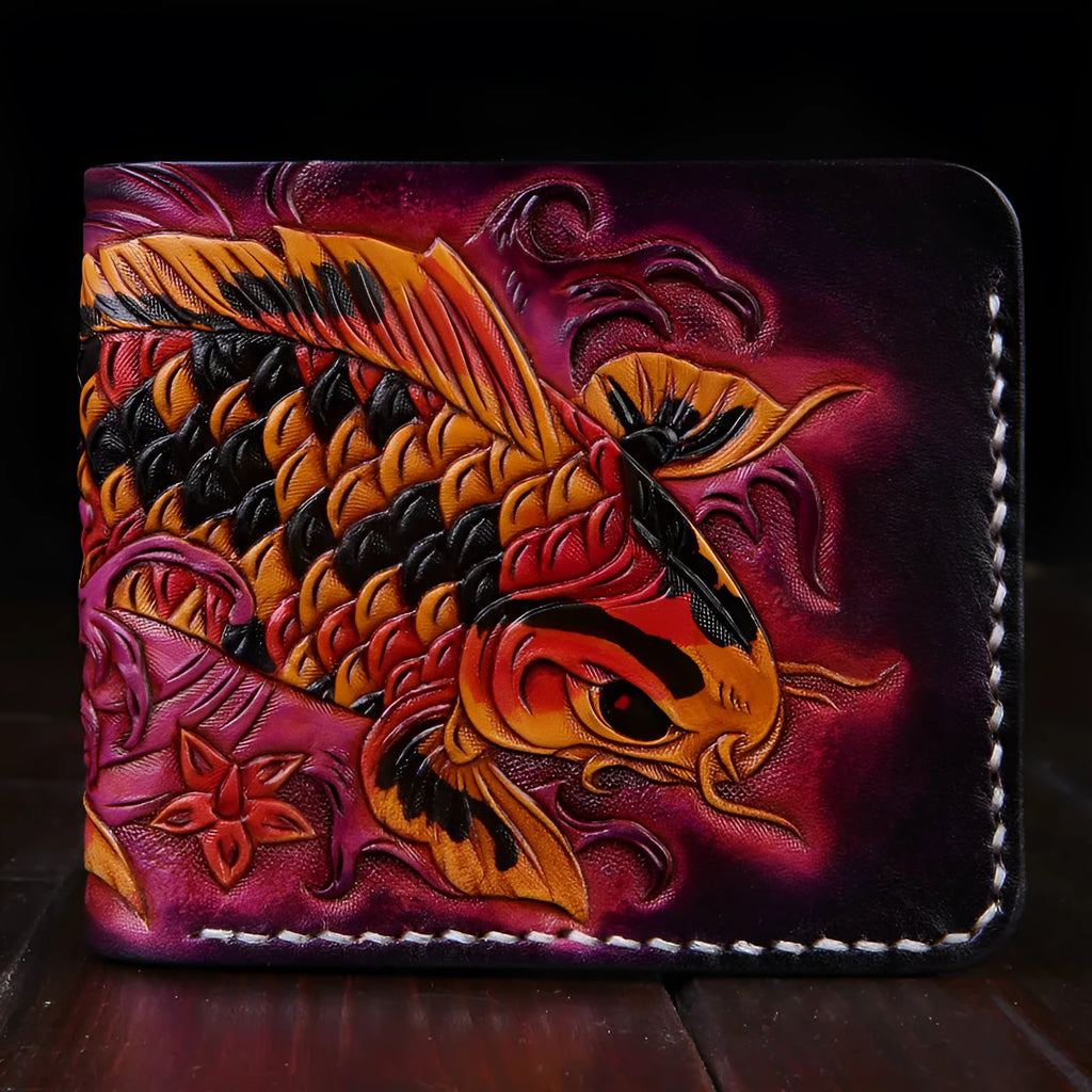 Men's blue cow leather short wallet with manual carving and open closure.
