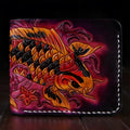Men's blue cow leather short wallet with manual carving and open closure.
