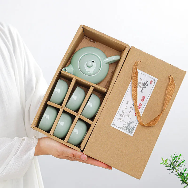 Ceramic celadon portable tea set with teapot and six cups in modern simple style