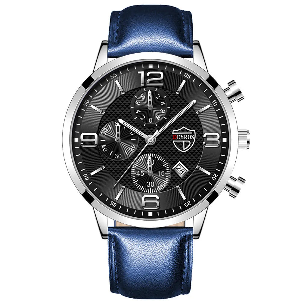 Men's calendar quartz watch with 42mm round alloy case, white dial, date window, and pin buckle on a black band