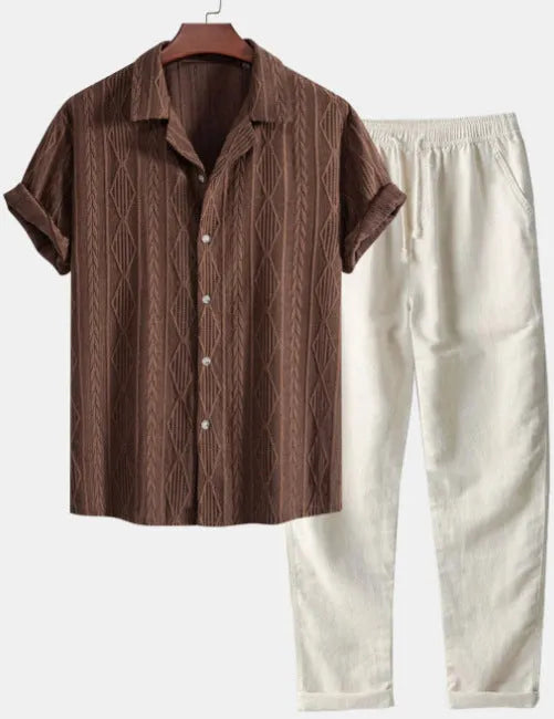 Men's slim fit camouflage print linen shirt and trousers casual set.