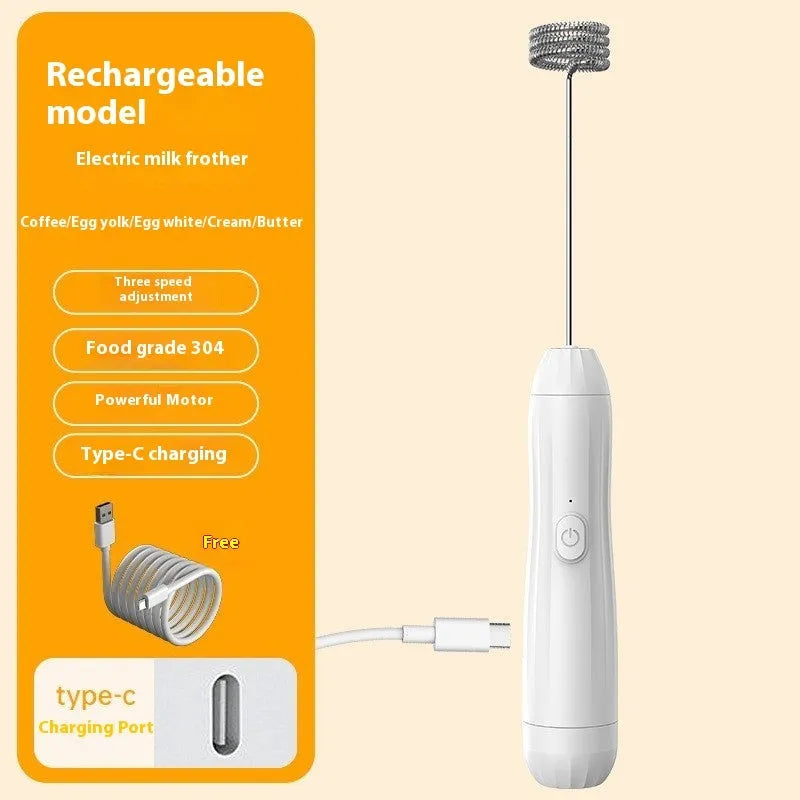 Mini handheld electric milk frother in black, white, or khaki colours with USB charging port