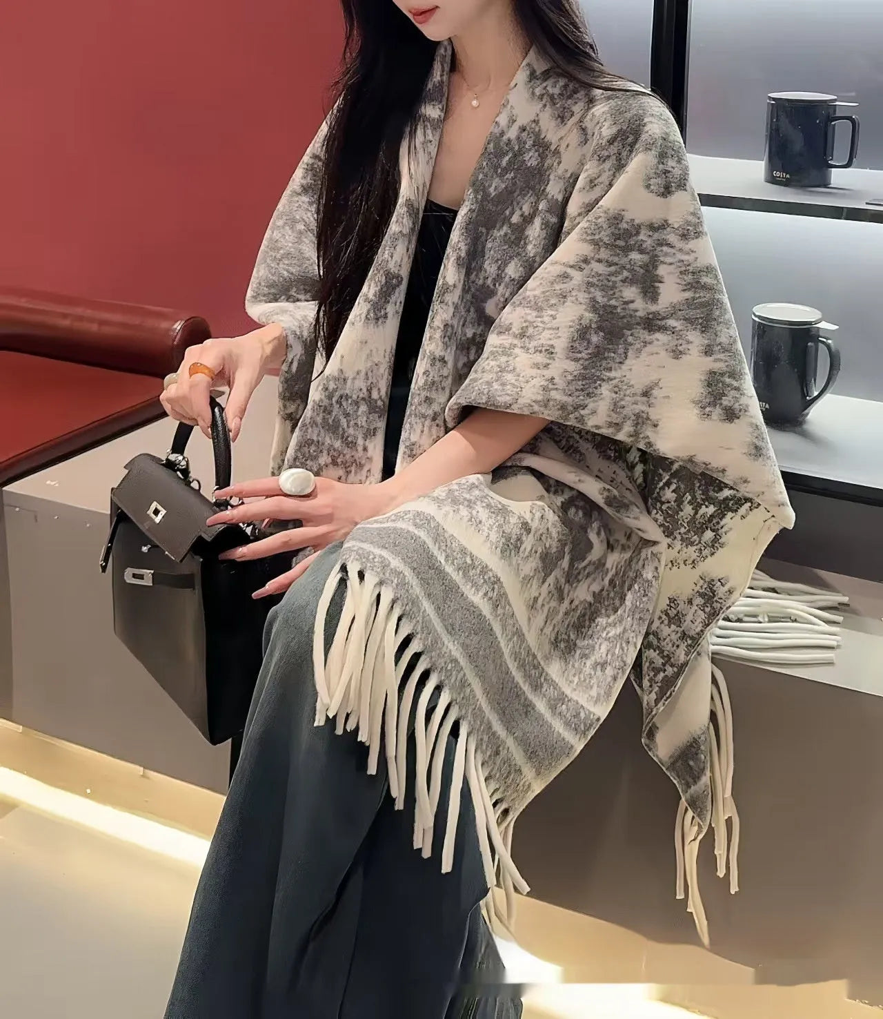Women's casual tassel scarf cape shawl in polyester fabric with free-size fit