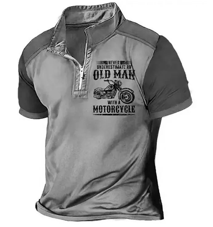 Men's casual polo shirt with lapel, zip decorations, and digital letter print in various colours.