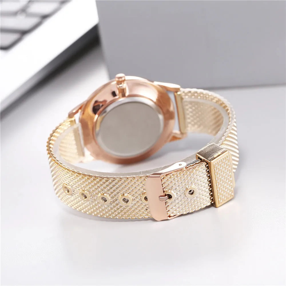 Women's creative plastic mesh quartz watch with round alloy case and pin buckle, available in four colours