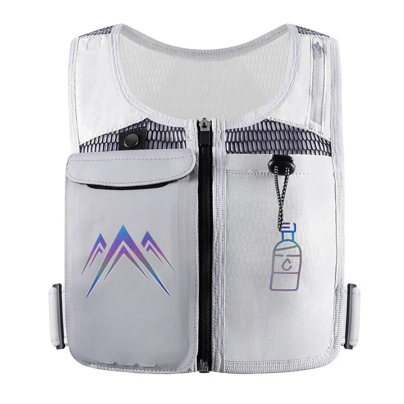 Black breathable mesh running vest with front phone pocket and optional shoulder hydration flask.