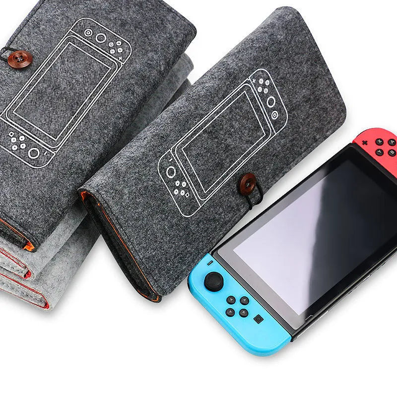 Black felt pouch case for Nintendo Switch showing game card slots and double layer storage compartments