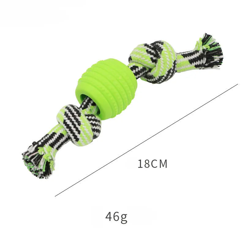 Blue soft dog chew toy in molar shape with integrated white ropes for dental cleaning.