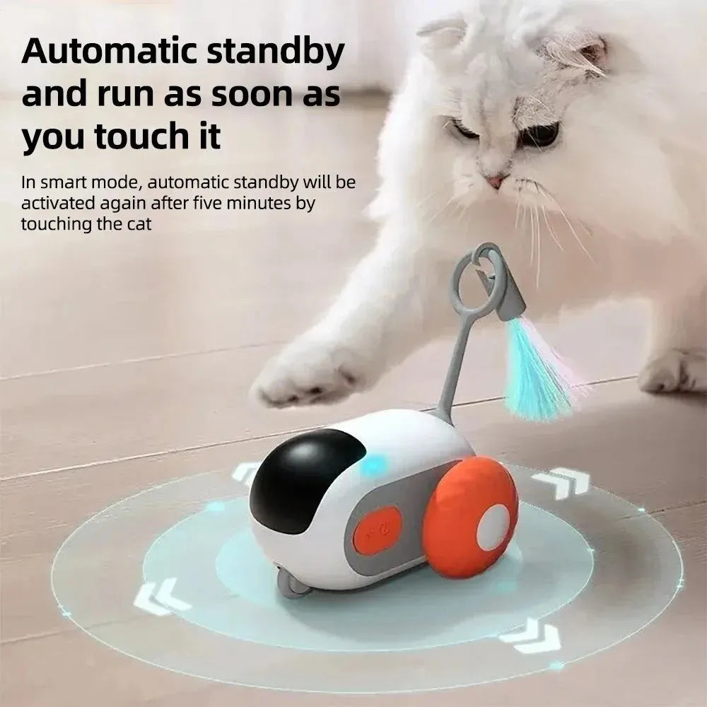 Blue and orange smart cat toy car with remote control featuring feather teaser attachment