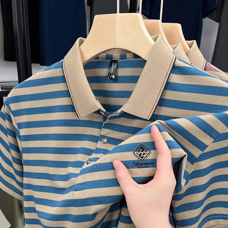 Men's striped casual t-shirt with mosaic pattern detail on short sleeves