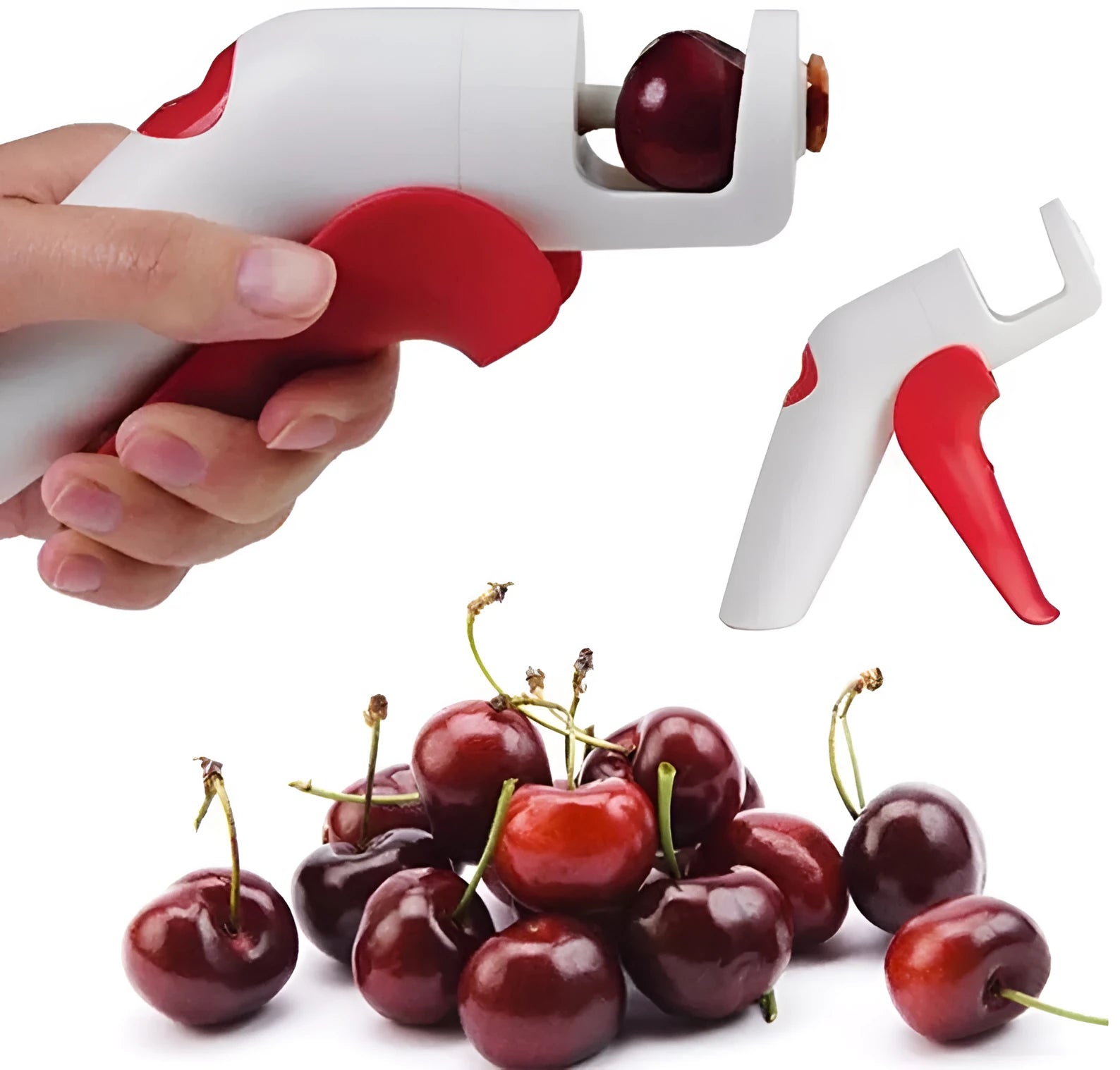 Close-up of a handheld cherry pitter with a plastic handle and stainless steel pitting mechanism