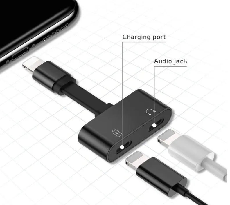 Black 2 in 1 Lightning adapter with aluminium alloy shell and TPE cable, compact size 20x9.3x5.3mm