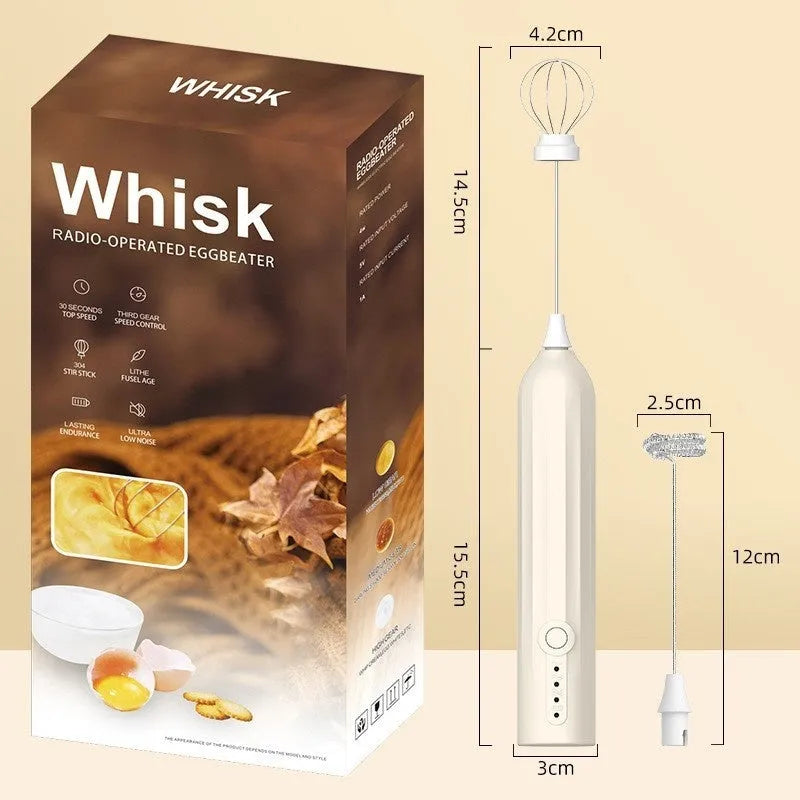 Mini handheld electric milk frother in black, white, or khaki colours with USB charging port