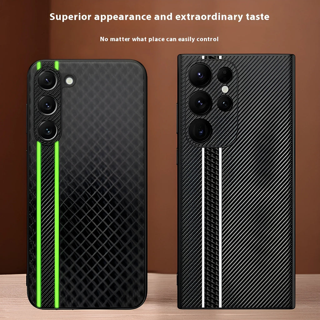 Ultra-thin carbon fibre plain leather phone case back cover for Samsung S24 with black stripe pattern