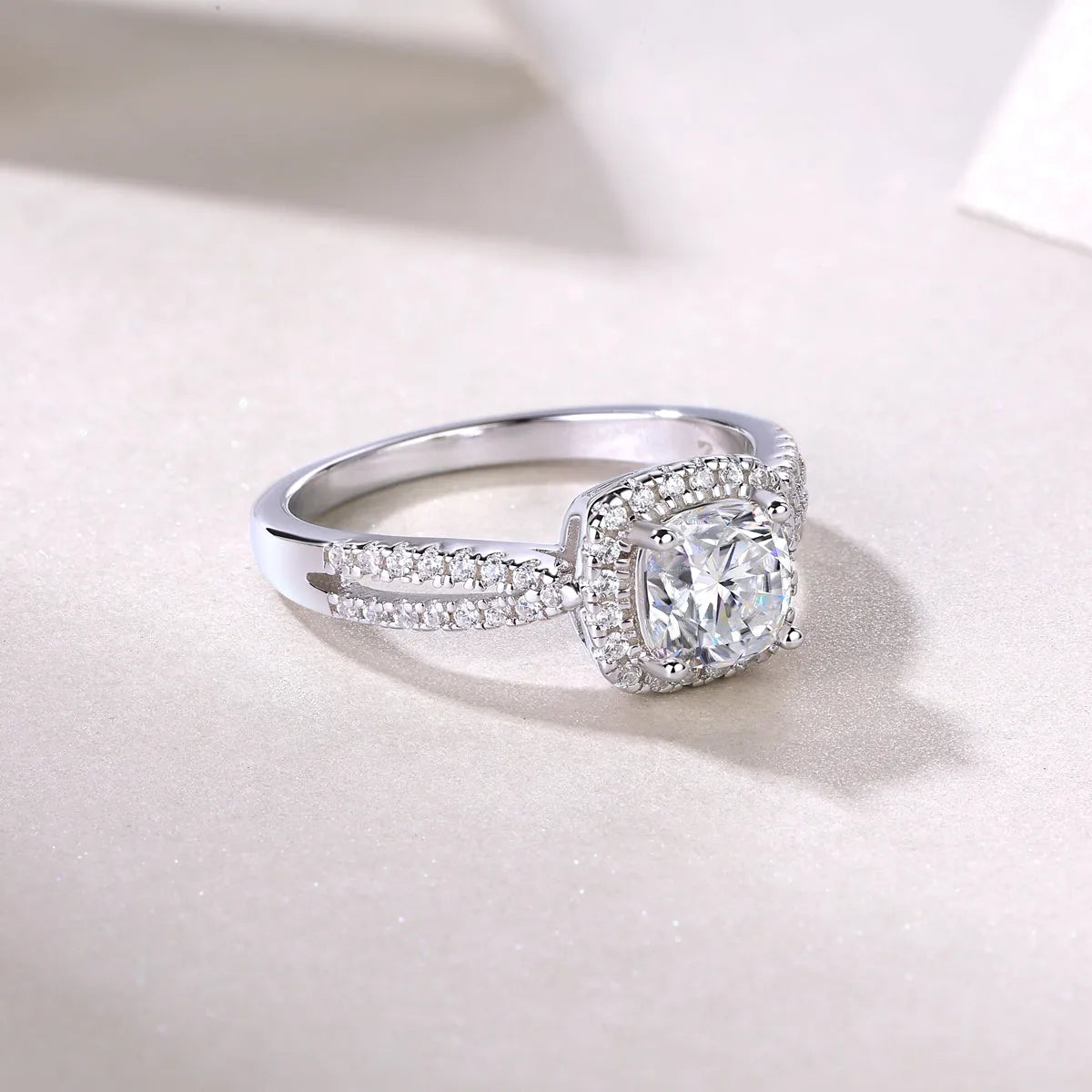 Moissanite wedding ring set with square 6x6mm stone, platinum plated S925 silver, in gift box with GRA certificate