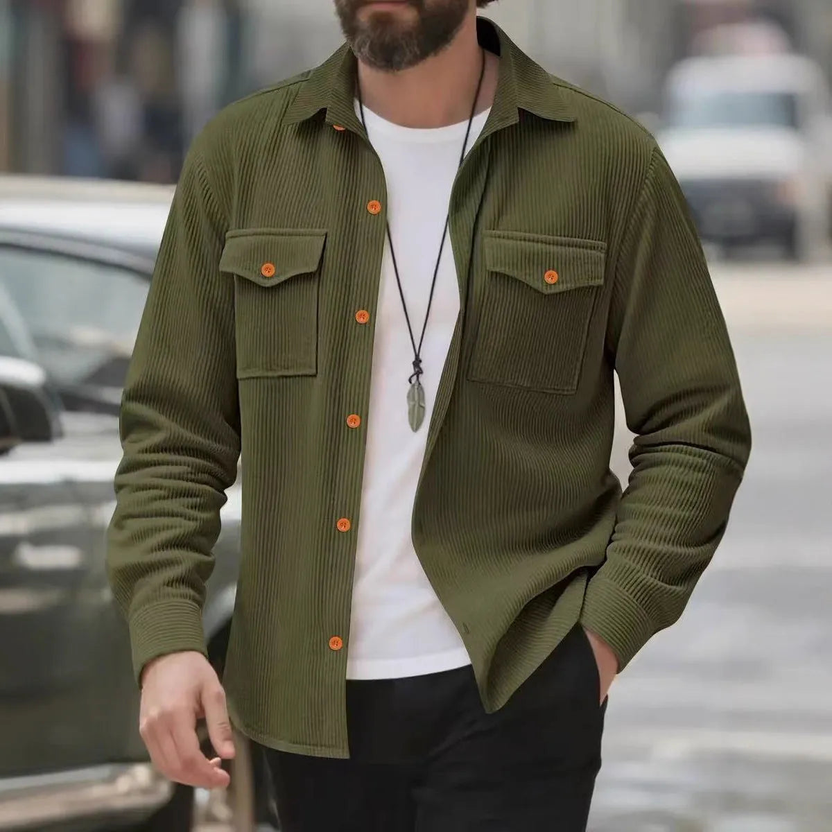 Men's corduroy solid colour jacket in army green, simple style, Asian sizing