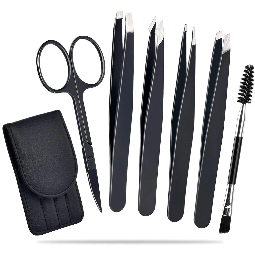 Six-piece stainless steel eyebrow tweezer set with slanted tips, curved scissors, brush, and leather case