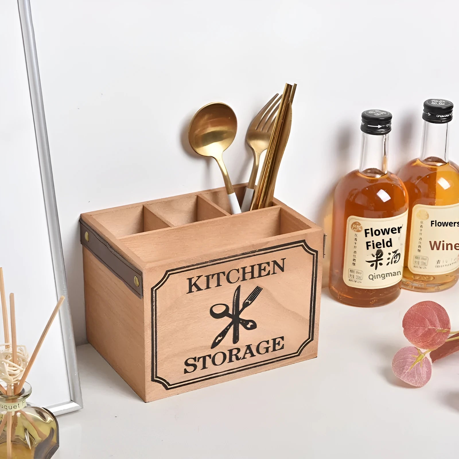 Wooden kitchen storage box with internal grid divider for organising cutlery and chopsticks