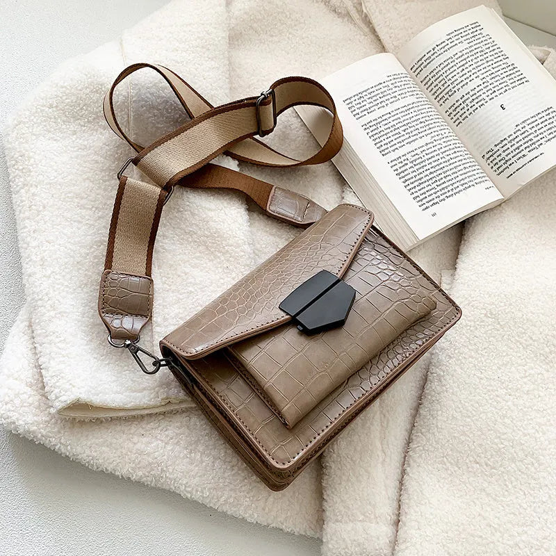 Vintage PU leather crossbody bag showing black, dark brown, khaki and red colour options