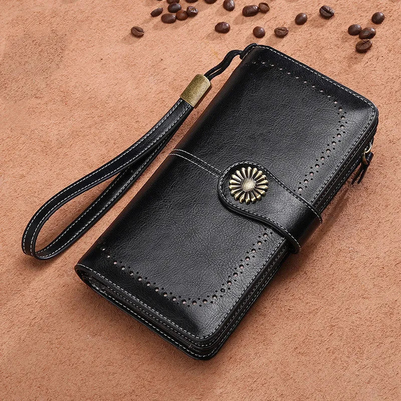 Hollow women clutch leather wallet bovine split skin zipper closure vertical square shape solid colour handbag accessory